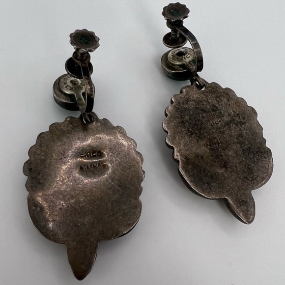 Vintage Mexico Sterling Silver Green Stone Screw Back Earrings Palco - Picture 5 of 7